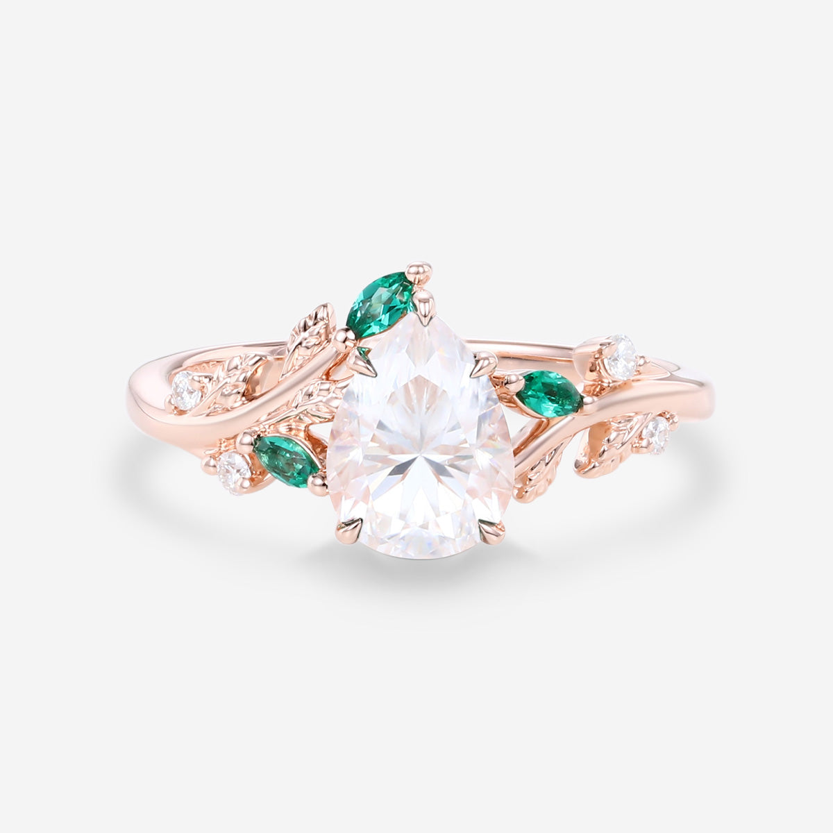 Pear cut Moissanite Engagement ring + Lab Emerald Engagement Ring
