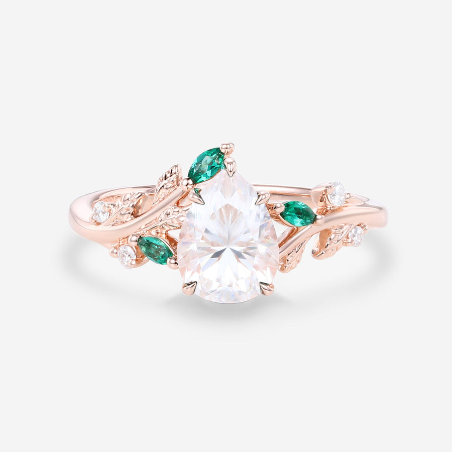 Pear cut Moissanite Engagement ring + Lab Emerald Engagement Ring
