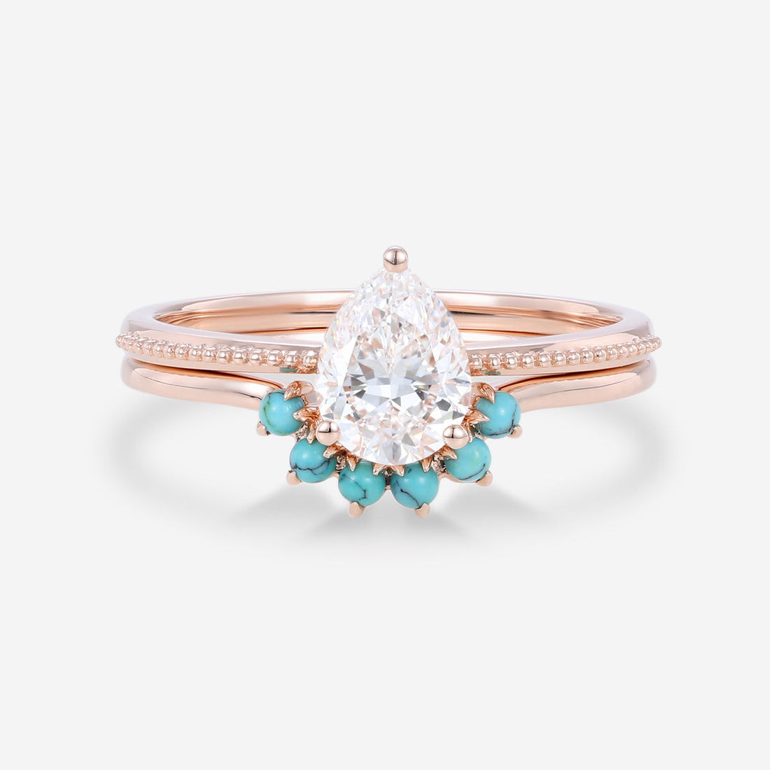 1.2 Carat Pear cut Lab Grown Diamond + Turquoise Wedding bridal set