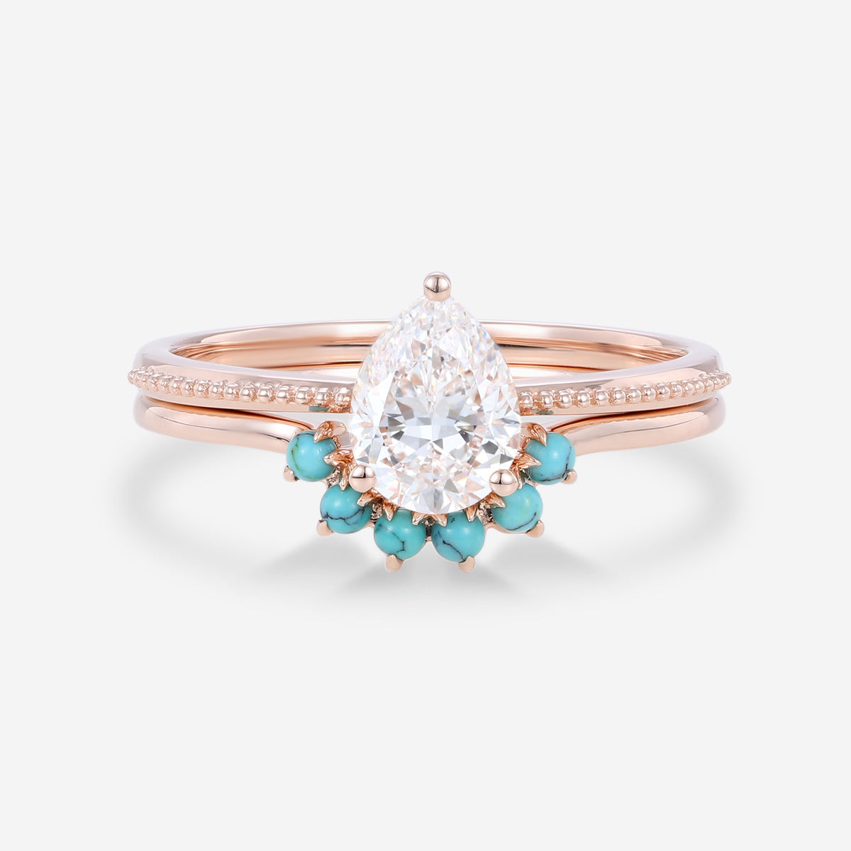 1.2 Carat Pear cut Lab Grown Diamond + Turquoise Wedding bridal set