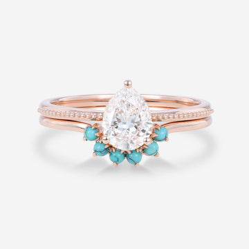 1.2 Carat Pear cut Lab Grown Diamond + Turquoise Wedding bridal set