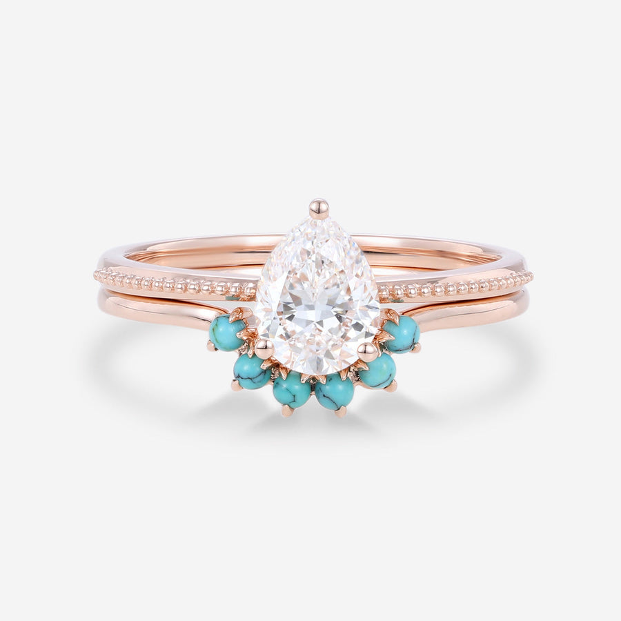 1.2 Carat Pear cut Lab Grown Diamond + Turquoise Wedding bridal set