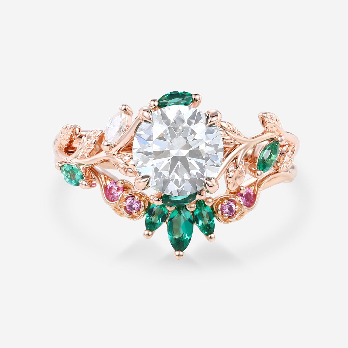 Round cut Moissanite + Pink Sapphire | Lab Emerald Curved Wedding bridal set