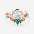 Round cut Moissanite + Pink Sapphire | Lab Emerald Curved Wedding bridal set