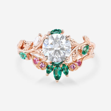 Round cut Moissanite + Pink Sapphire | Lab Emerald Curved Wedding bridal set