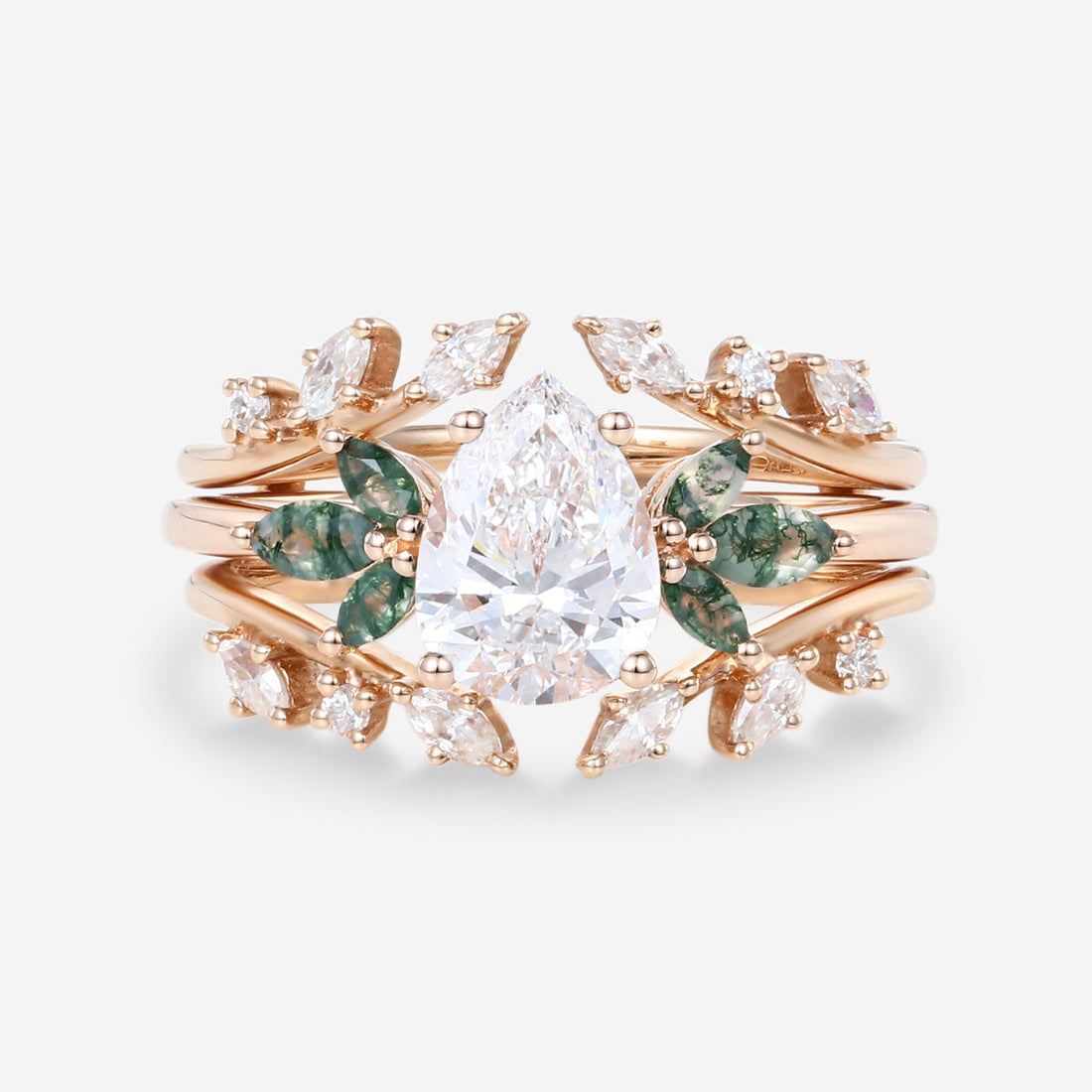 Pear cut Lab Grown Diamond + Moss agate Wedding bridal set