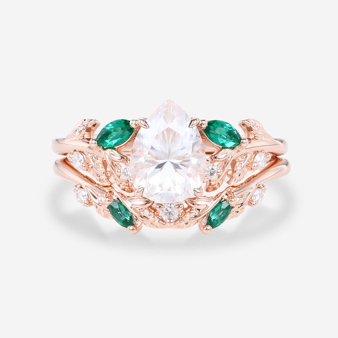 Pear cut Moissanite Engagement ring + Lab Emerald Curved Wedding bridal set
