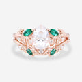 Pear cut Moissanite Engagement ring + Lab Emerald Curved Wedding bridal set