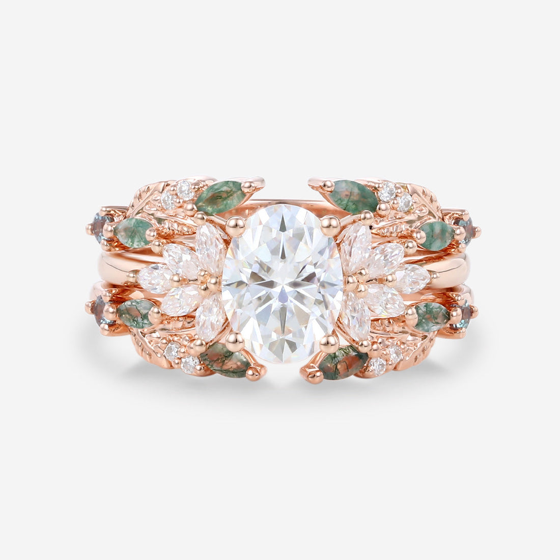 Oval cut Lab Grown Diamond + Moss agate Wedding bridal set