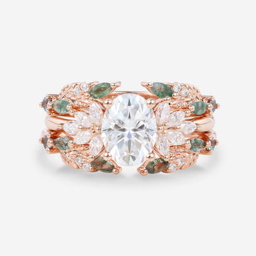 Oval cut Lab Grown Diamond + Moss agate Wedding bridal set