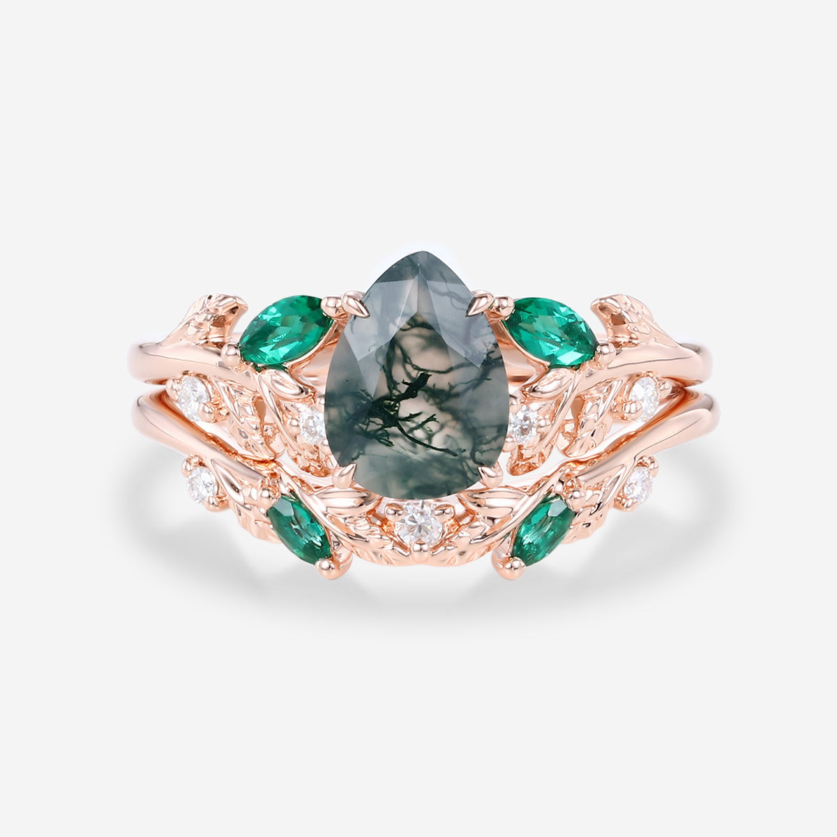 Pear cut Moss Agate Engagement ring + Lab Emerald Curved Wedding bridal set