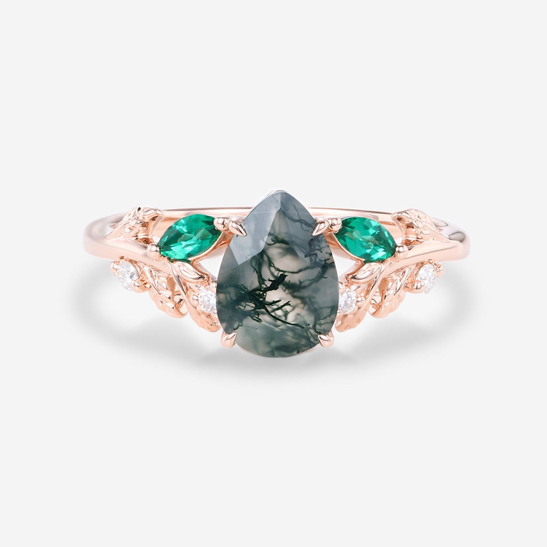 Pear cut Moss Agate + Lab Emerald Engagement Ring