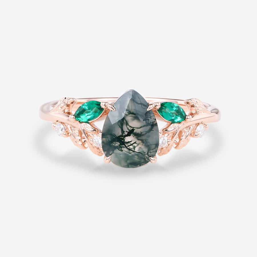 Pear cut Moss Agate + Lab Emerald Engagement Ring