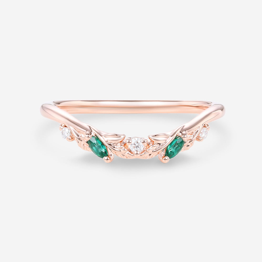 Marquise Cut Lab Emerald + Diamonds Curved Wedding Band