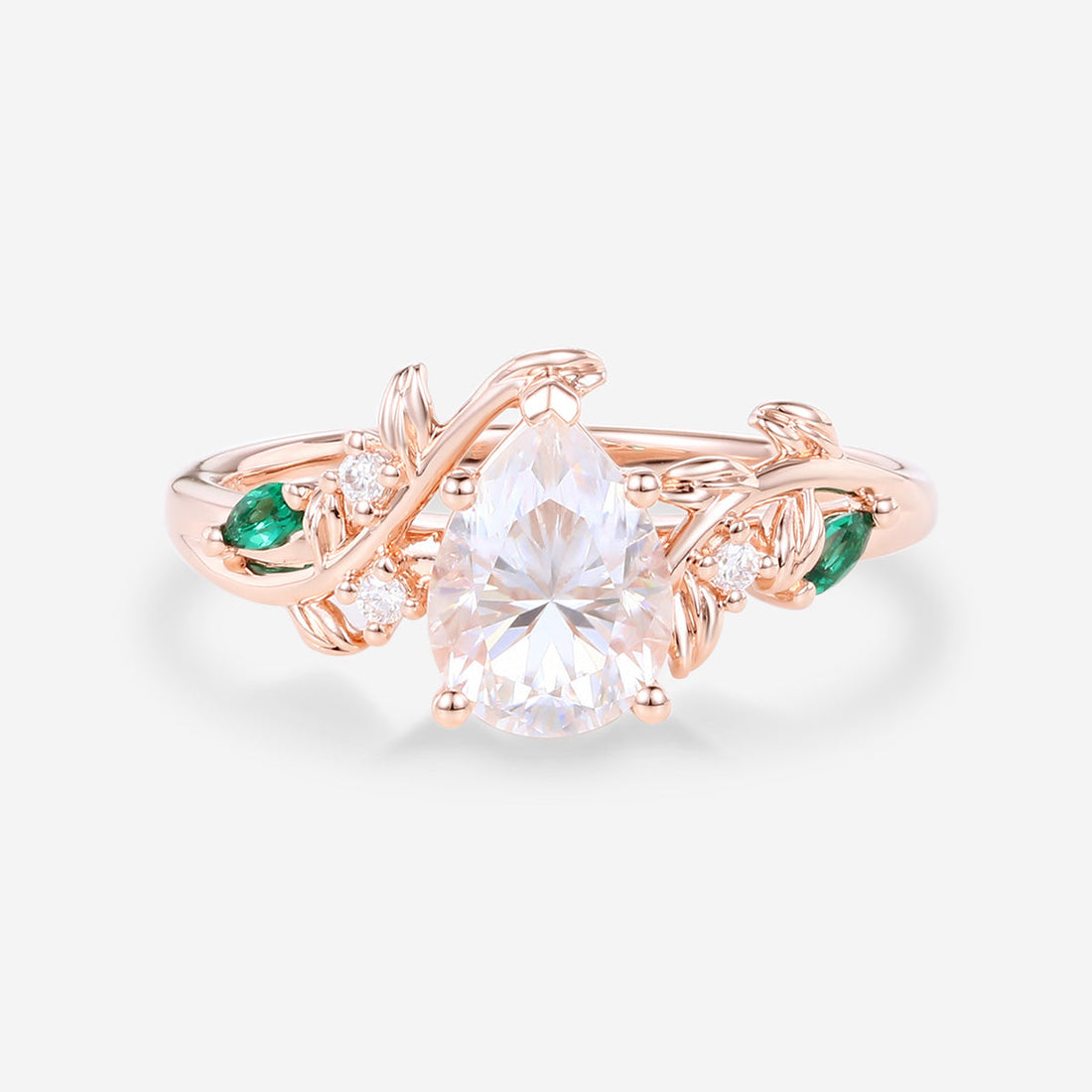 Nature Inspired Pear cut Moissanite + Lab Emerald Engagement Ring