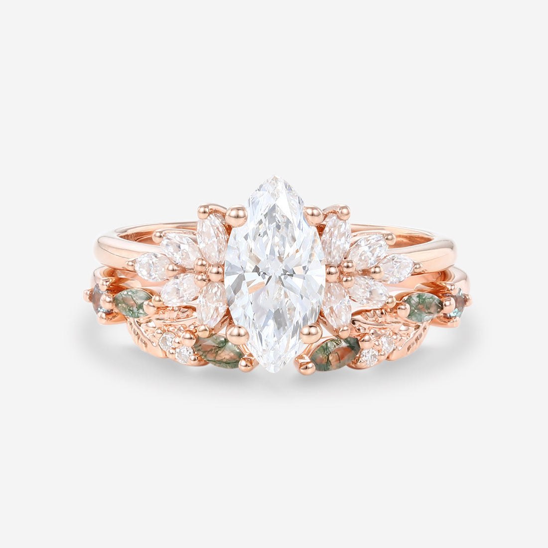 Marquise cut Lab grown Diamond  Engagement ring +Moss agate Wedding Bridal set