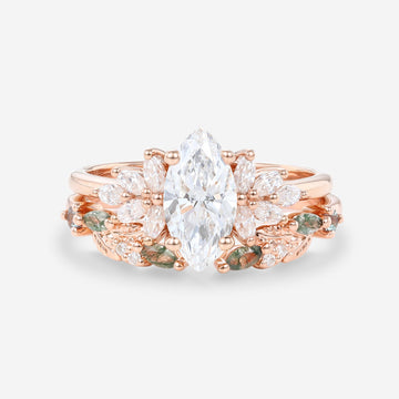 Marquise cut Lab grown Diamond  Engagement ring +Moss agate Wedding Bridal set
