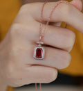 Emerald cut Lab Ruby Pendant Necklace with Moissanite Halo Accents