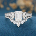 1 Carat Emerald cut Moissanite Cluster Engagement Bridal Set