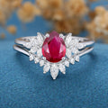 Pear cut Lab Ruby Cluster Engagement ring Bridal Set