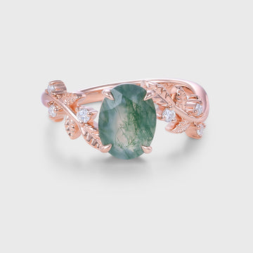 1.5Carat Oval Cut Moss Agate Leaf Engagement ring