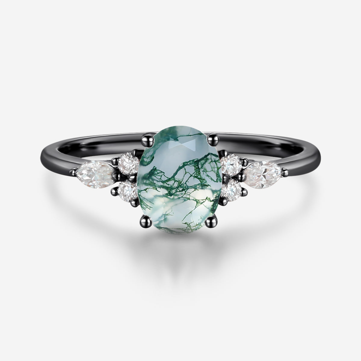 Natural Green Moss Agate Oval cut cluster Engagement Ring