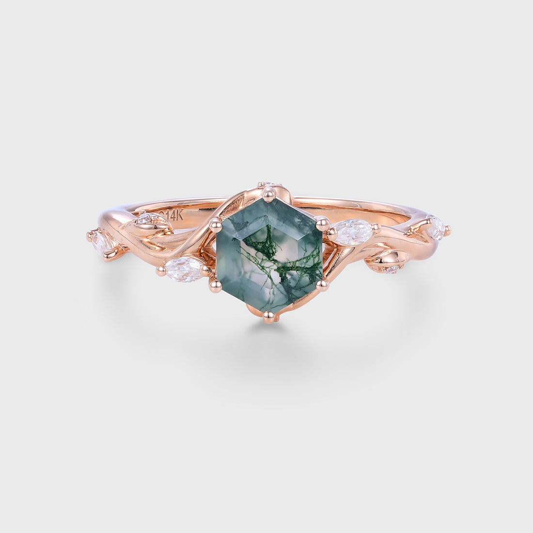 Inspired Hexagon Cut Natural Green Moss Agate  Engagement Ring