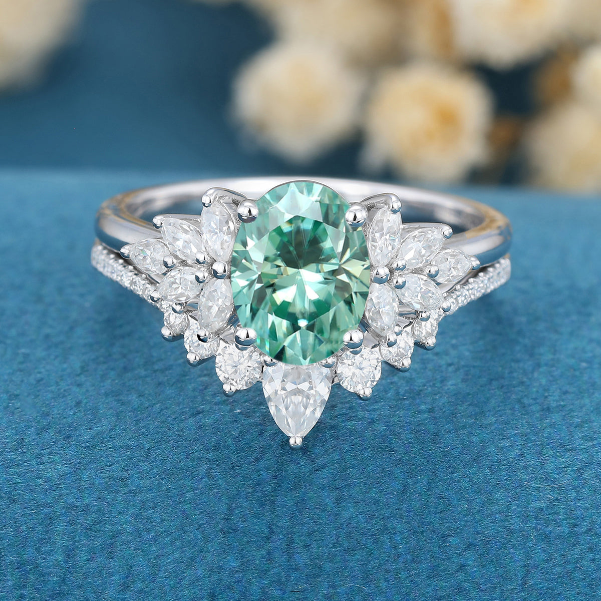 Oval cut Green Moissanite Engagement ring Bridal Set