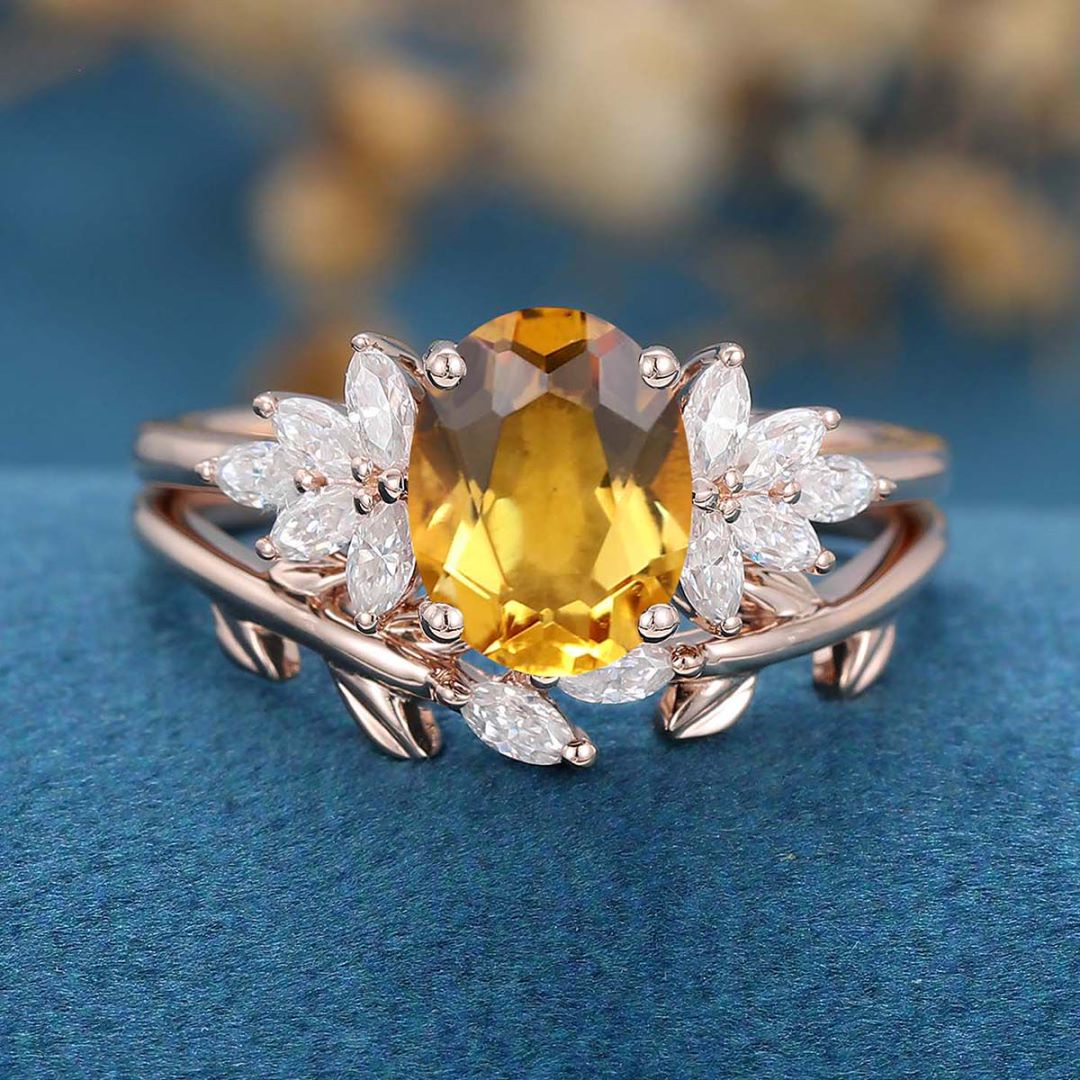 Oval cut Citrine Cluster Engagement ring Bridal Set