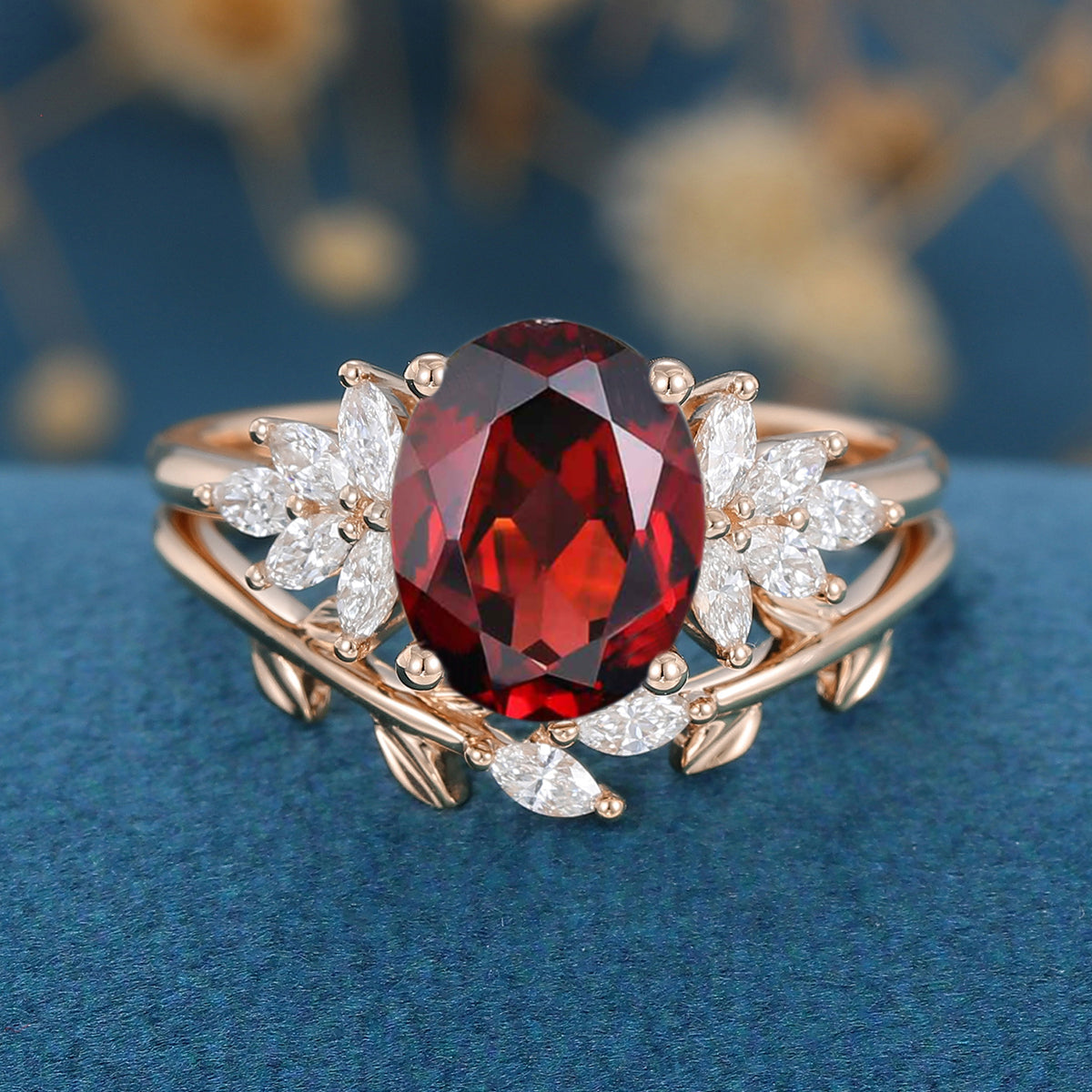 Oval cut garnet Cluster Engagement ring Bridal Set