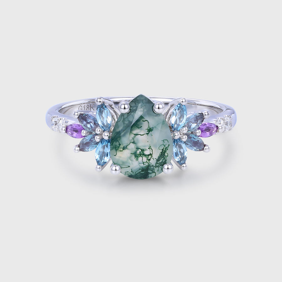 Pear Cut Moss Agate Solid Gold Engagement Ring
