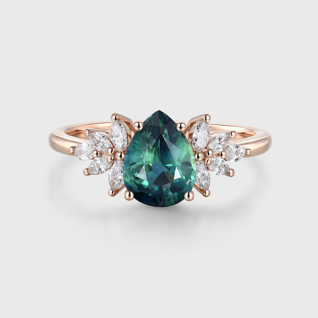 1.2Carat Pear Blue-Green Sapphir Cluster Engagement ring
