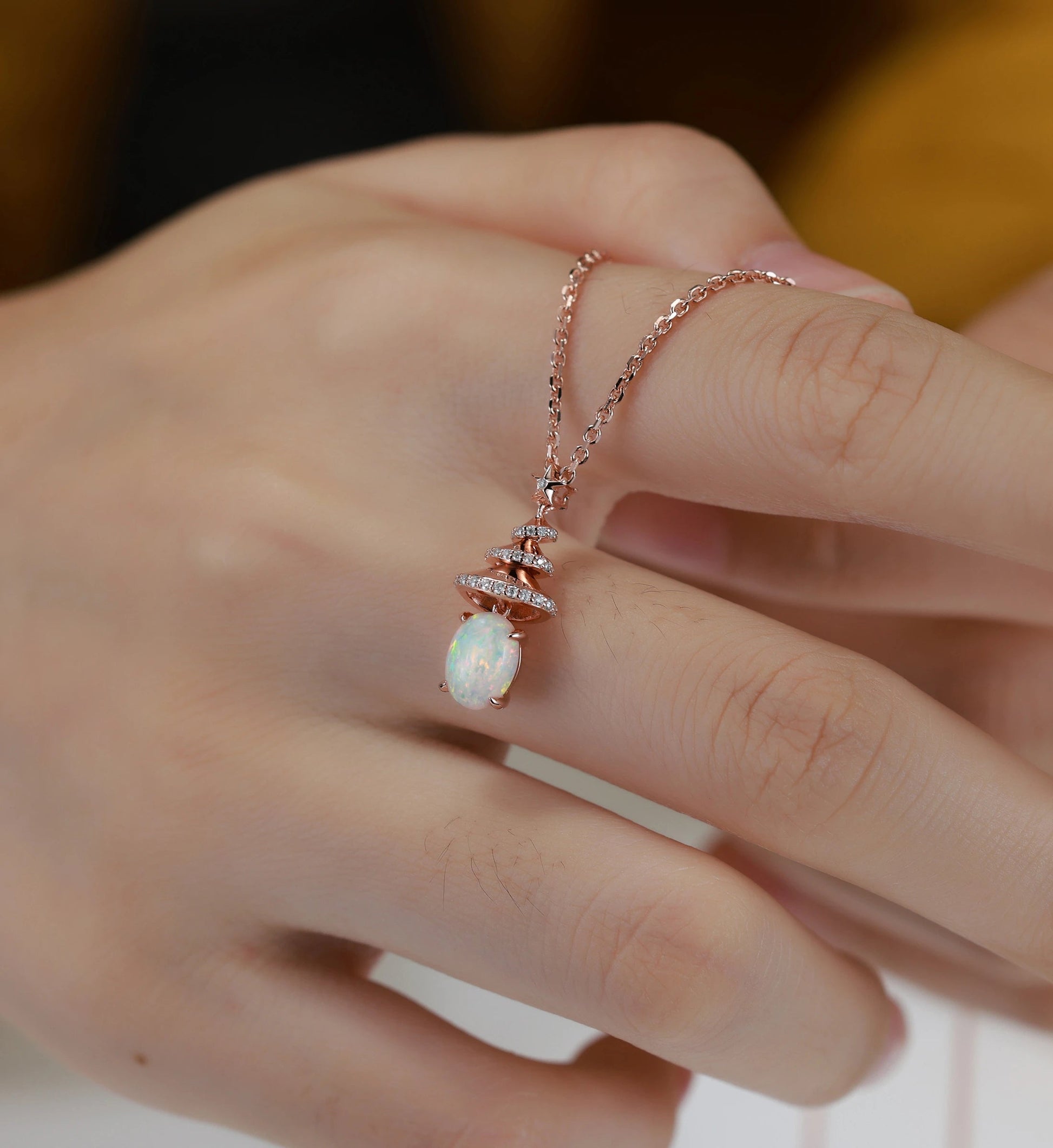 Oval cut Natural Opal Pendant Necklace with Diamonds Christmas tree