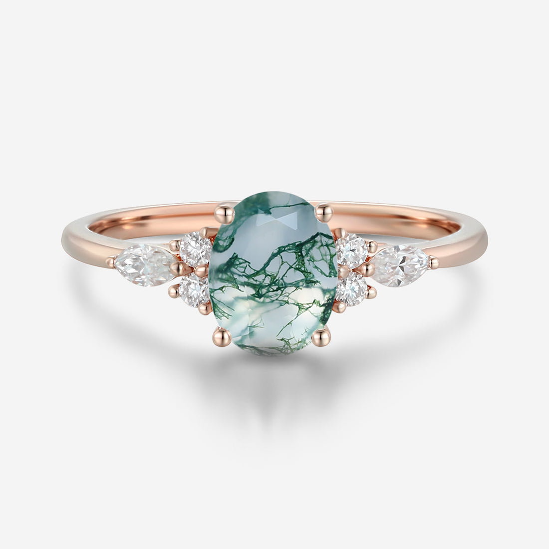 Natural Green Moss Agate Oval cut cluster Engagement Ring