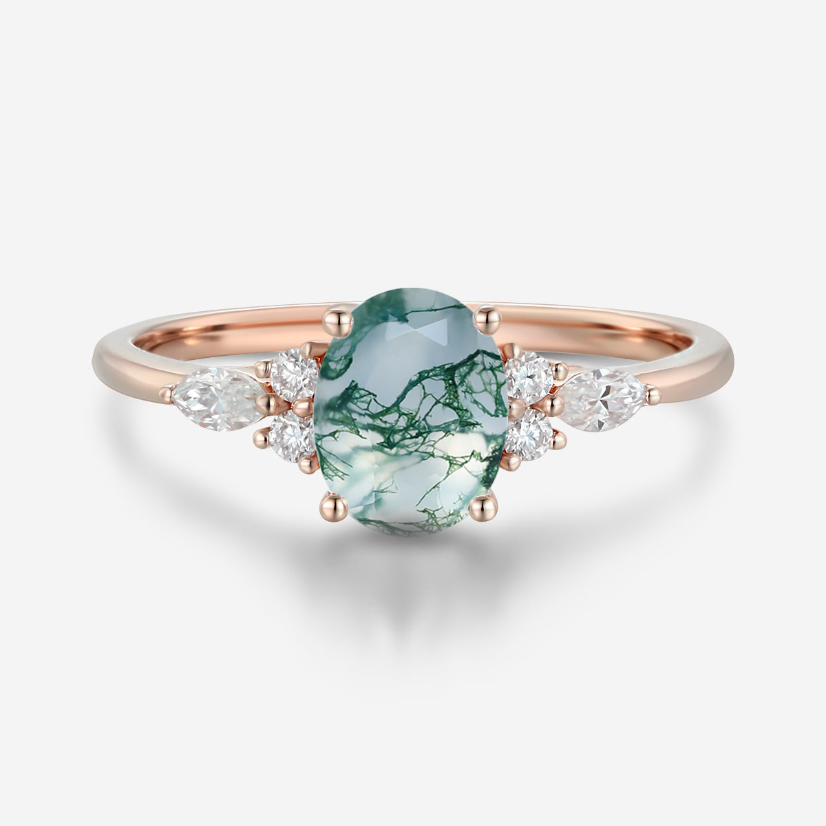 Natural Green Moss Agate Oval cut cluster Engagement Ring