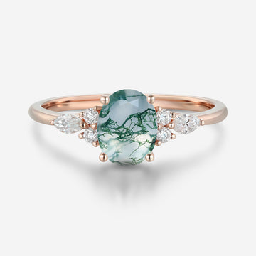 Natural Green Moss Agate Oval cut cluster Engagement Ring
