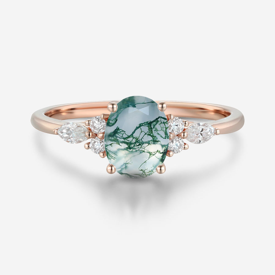 Natural Green Moss Agate Oval cut cluster Engagement Ring