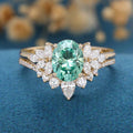 Oval cut Green Moissanite Engagement ring Bridal Set