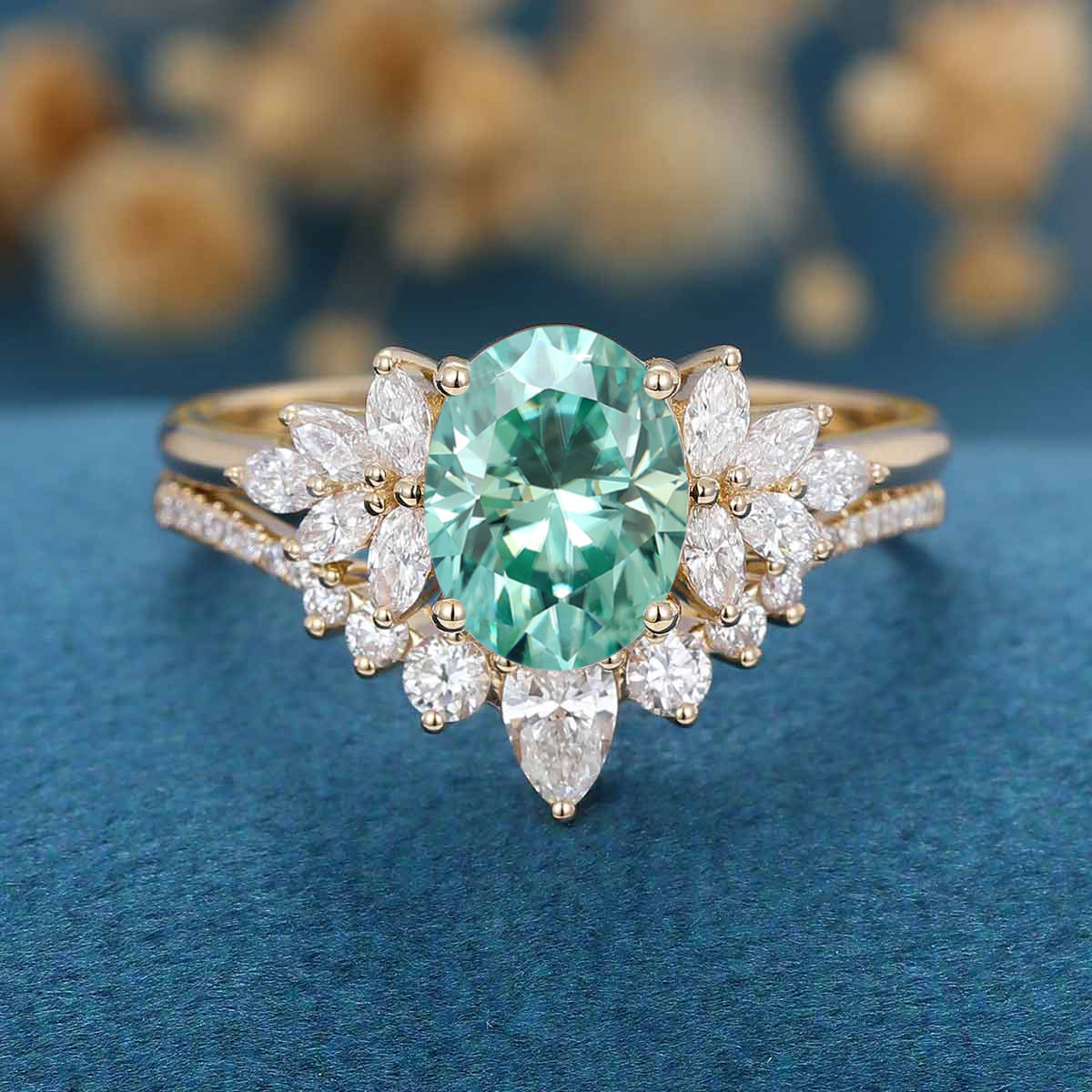 Oval cut Green Moissanite Engagement ring Bridal Set