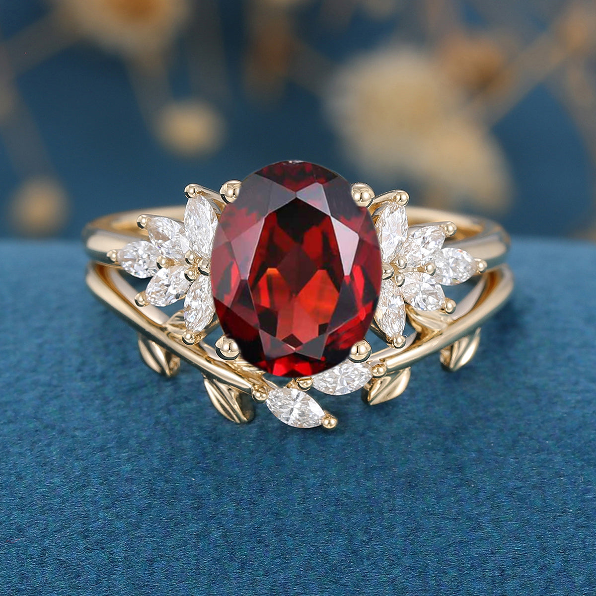 Oval cut garnet Cluster Engagement ring Bridal Set