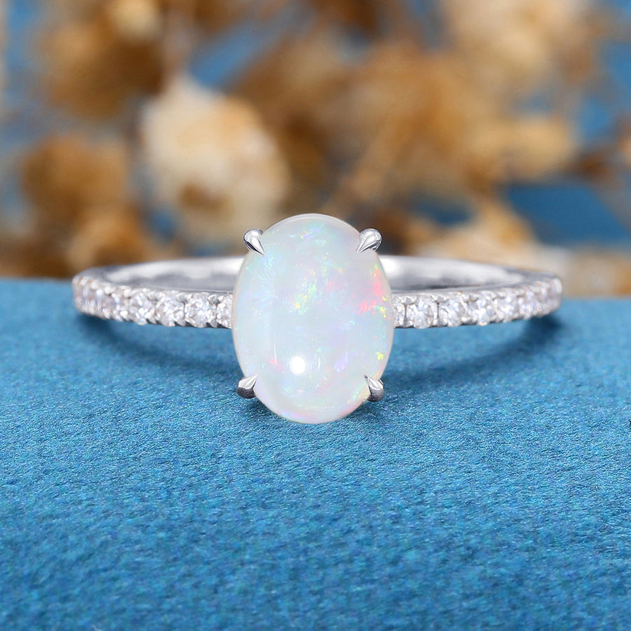 Oval Opal pave band half eternity Engagement ring