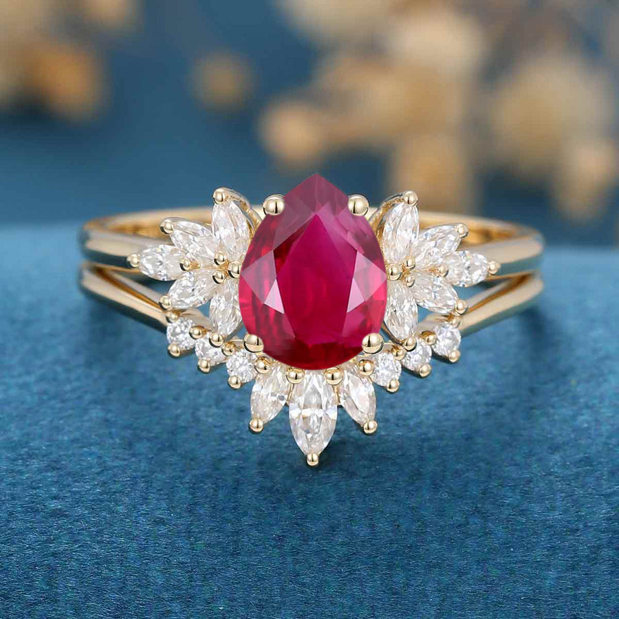 Pear cut Lab Ruby Cluster Engagement ring Bridal Set