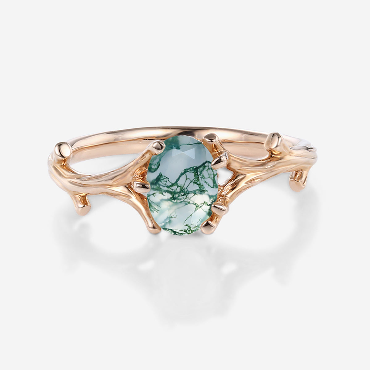 Nature Inspired Oval cut Moss Agate Leaf Engagement Ring