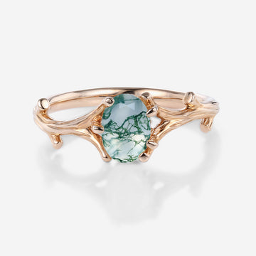 Nature Inspired Oval cut Moss Agate Leaf Engagement Ring