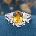 Oval cut Citrine Cluster Engagement ring Bridal Set