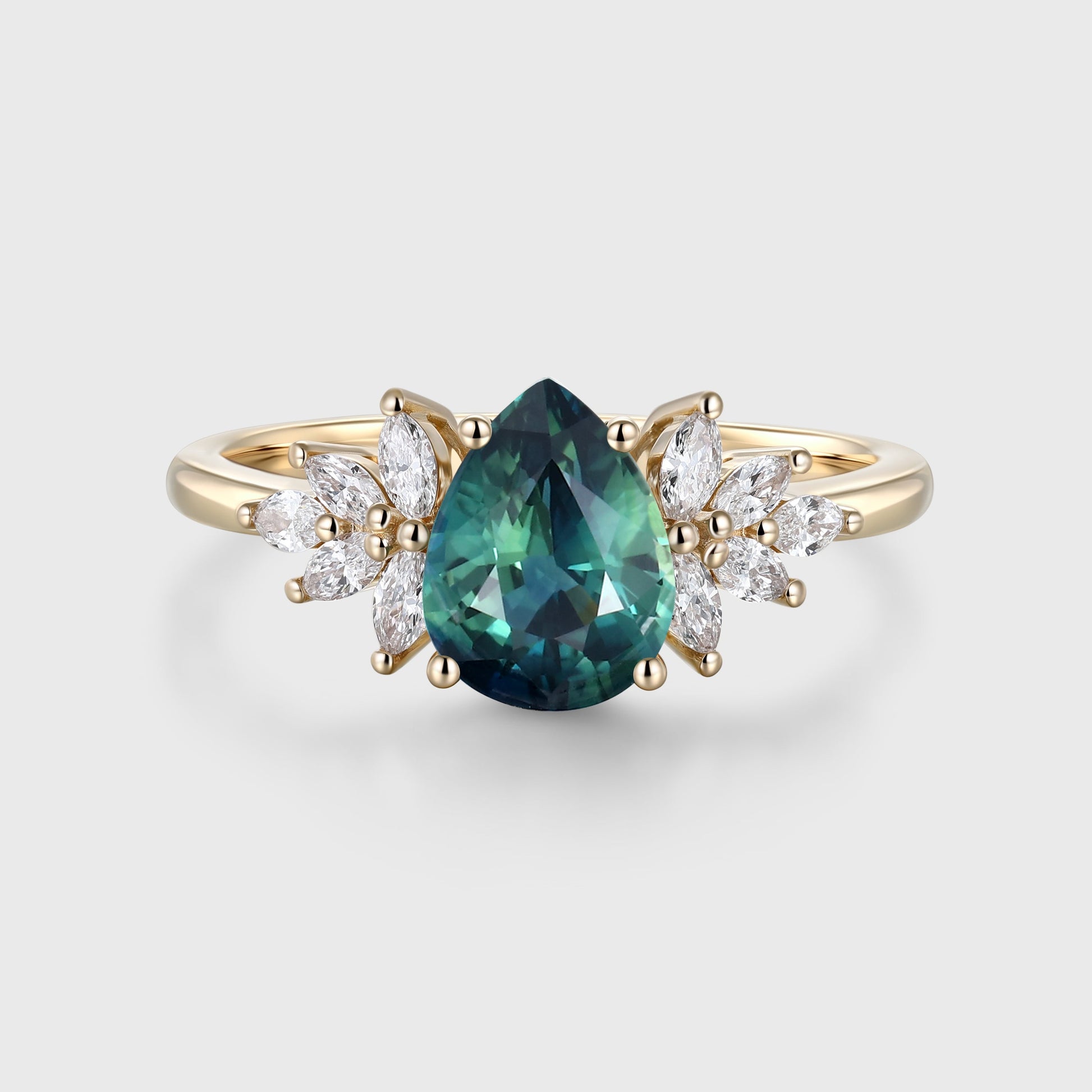 1.2Carat Pear Blue-Green Sapphir Cluster Engagement ring