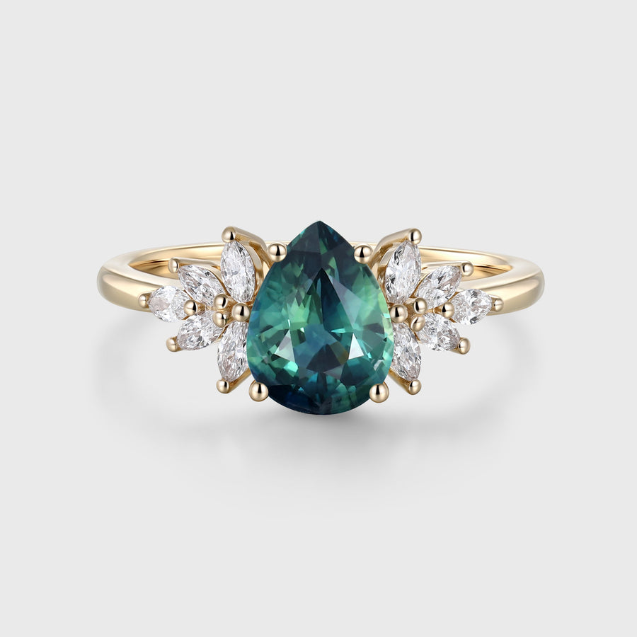1.2Carat Pear Blue-Green Sapphir Cluster Engagement ring