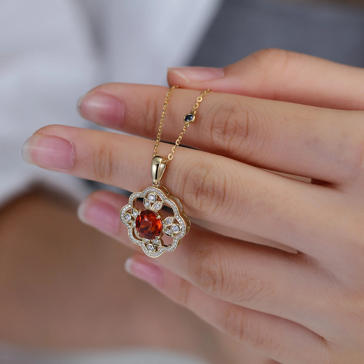 Round cut Spinel Pendant Necklace with Diamonds Halo Accents