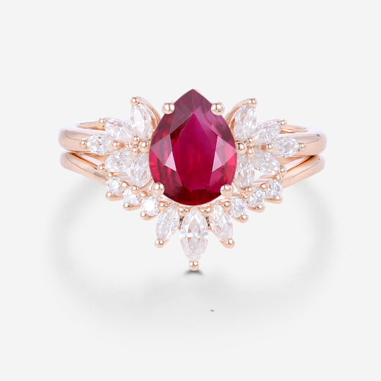 Pear cut Lab Ruby Cluster Engagement ring Bridal Set