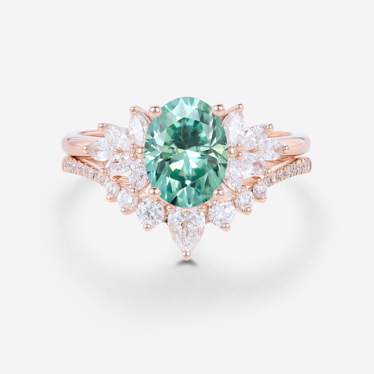 Oval cut Green Moissanite Engagement ring Bridal Set